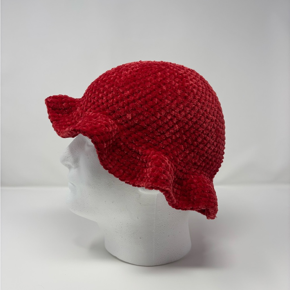 Red Crochet Plush Bucket Hat With Wavy Brim